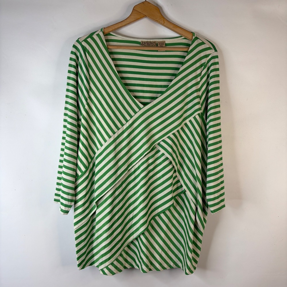 Art and Soul Tunic Top Women 2X Green Striped Draped V-Neck Pockets